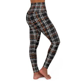 High Waisted Yoga Leggings, Black And Orange Tartan Style Pants (size: XS)